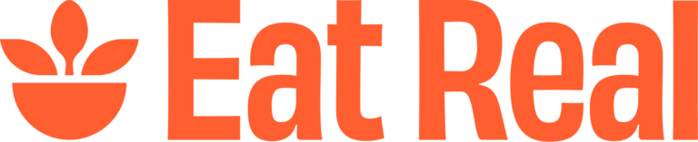 Eat Real Logo consisting of Eat Real spelled out in bright orange with an image of a plant to the side